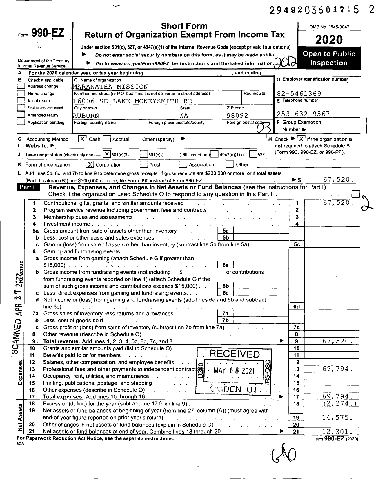 Image of first page of 2020 Form 990EZ for Maranatha Mission