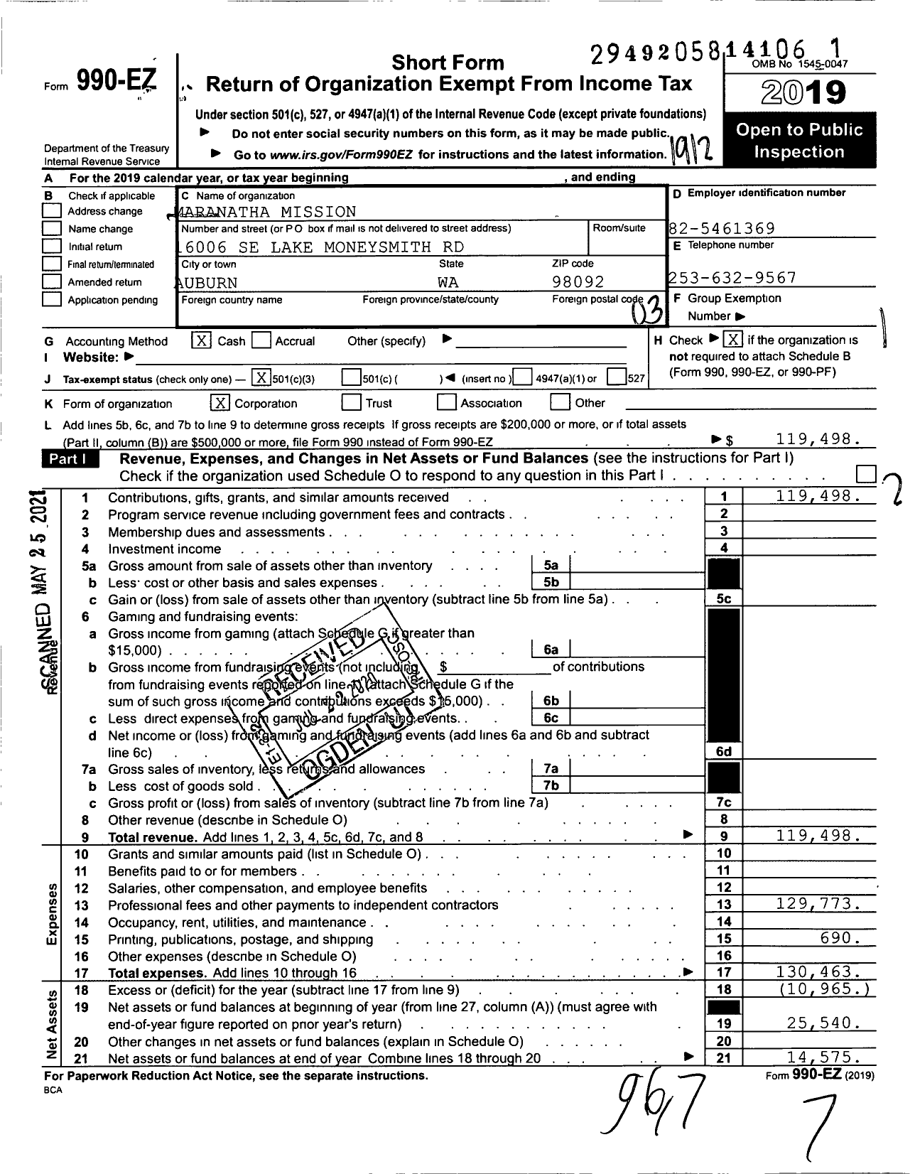 Image of first page of 2019 Form 990EZ for Maranatha Mission