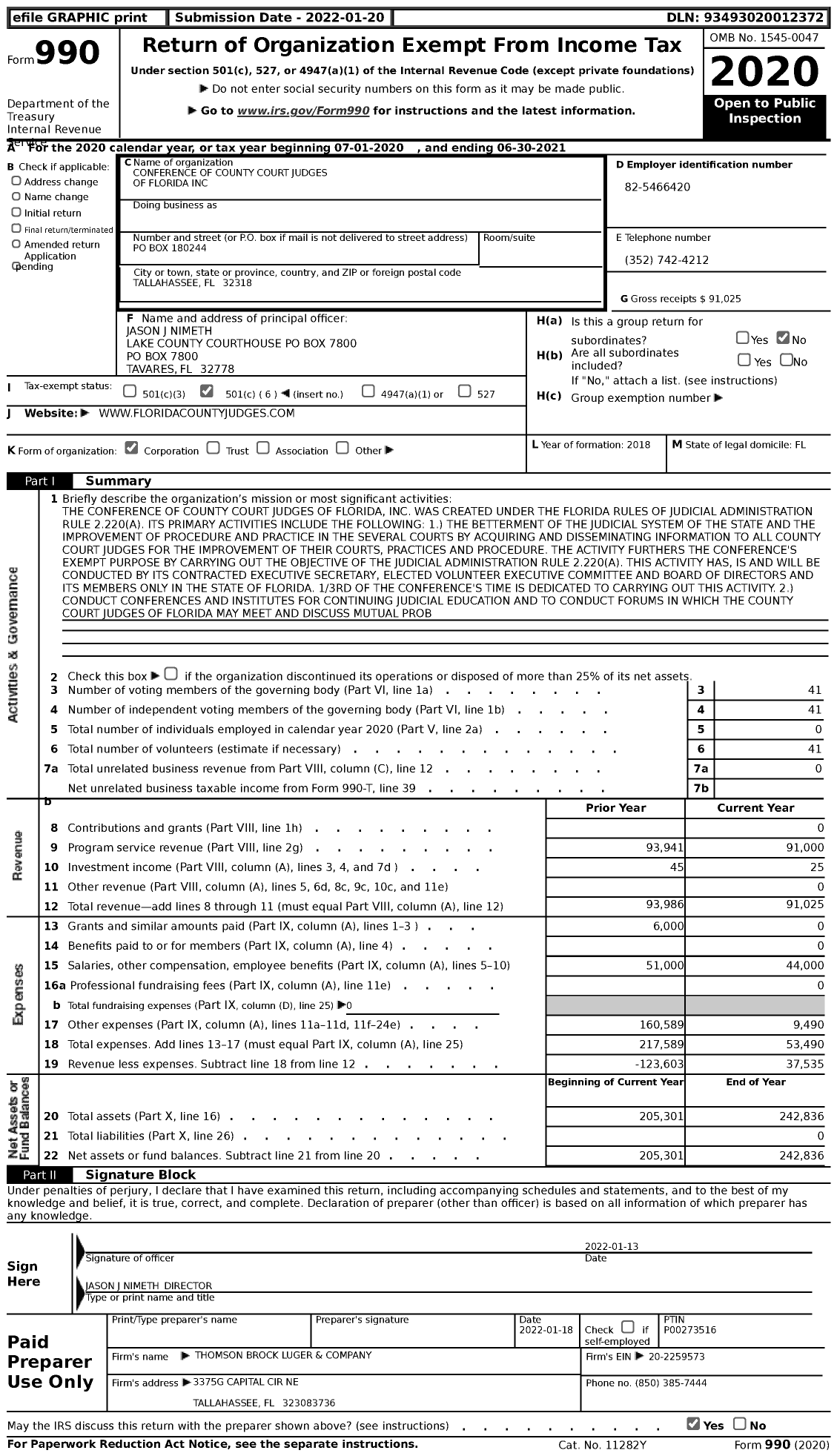 Image of first page of 2020 Form 990 for Conference of County Court Judges of Florida