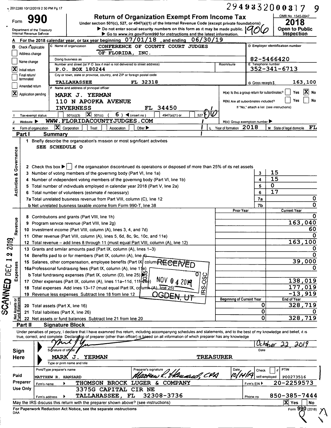 Image of first page of 2018 Form 990O for Conference of County Court Judges of Florida