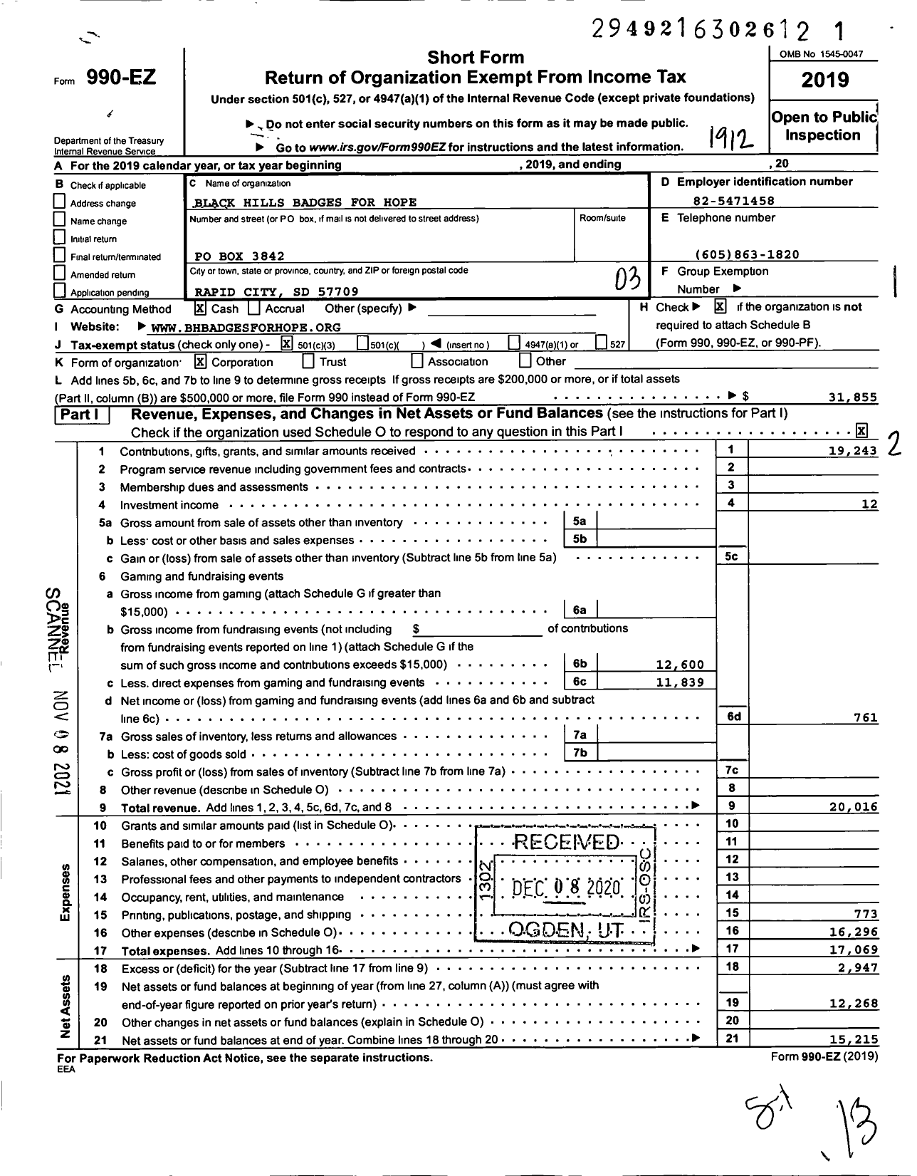 Image of first page of 2019 Form 990EZ for Black Hills Badges for Hope