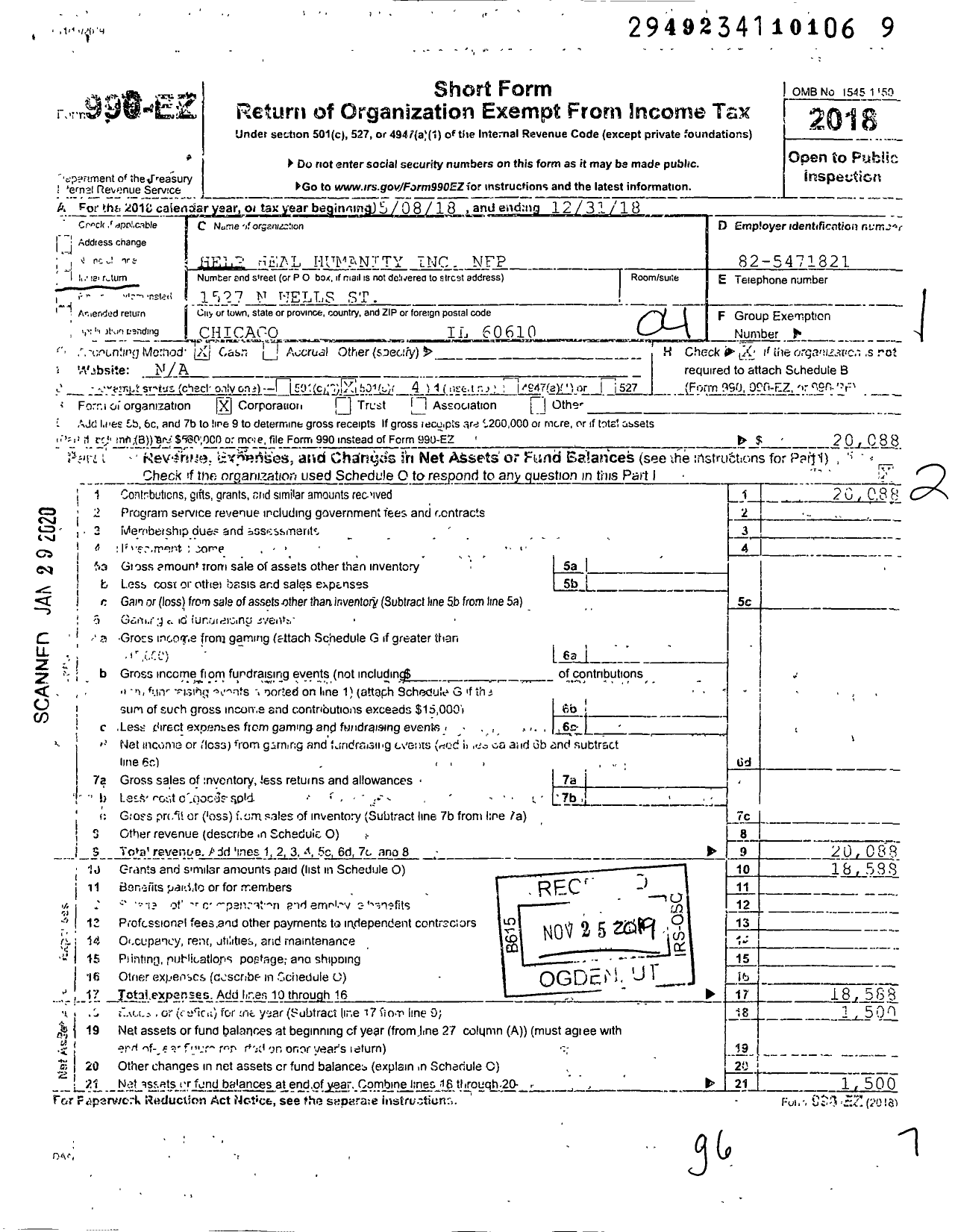 Image of first page of 2018 Form 990EO for Help Heal Humanity NFP