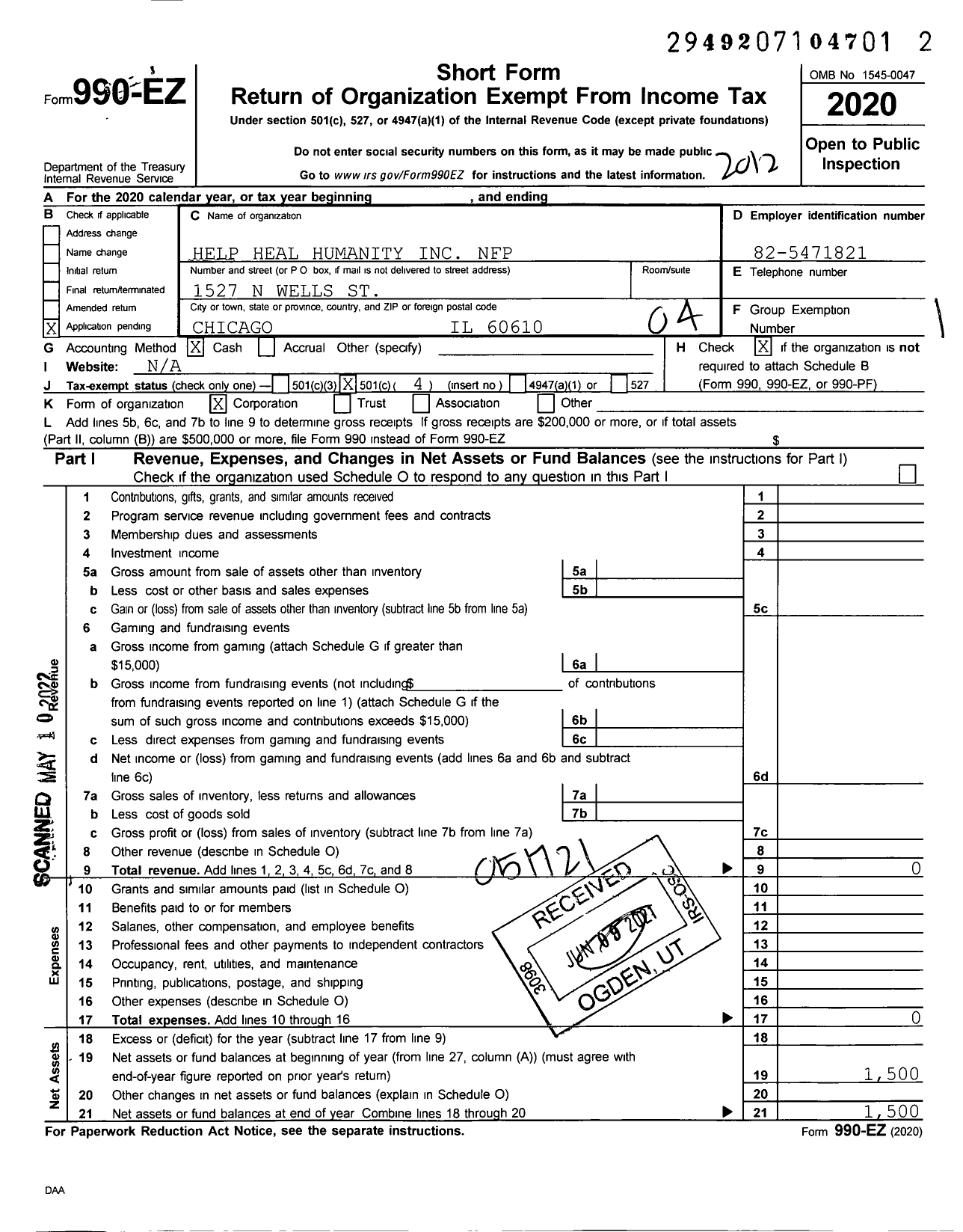 Image of first page of 2020 Form 990EO for Help Heal Humanity NFP