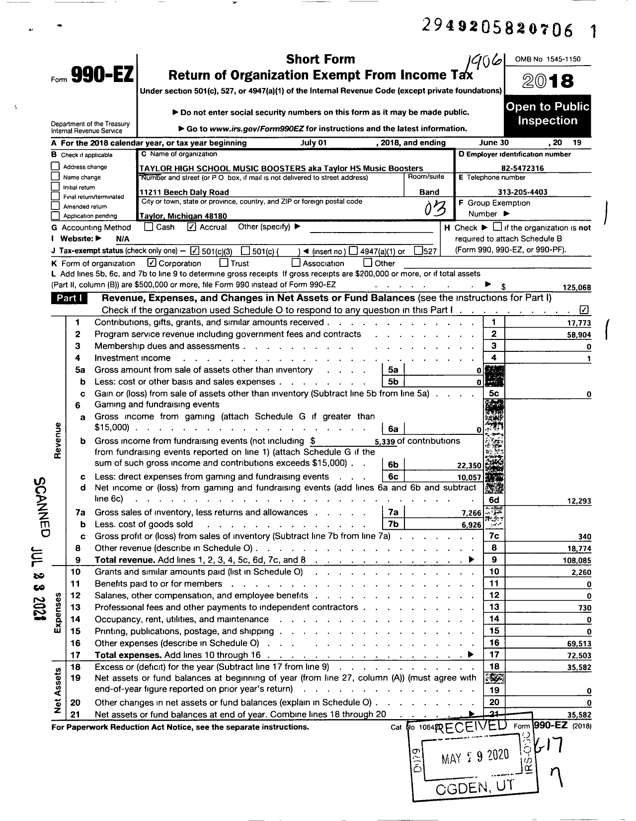 Image of first page of 2018 Form 990EZ for Taylor High School Music Boosters