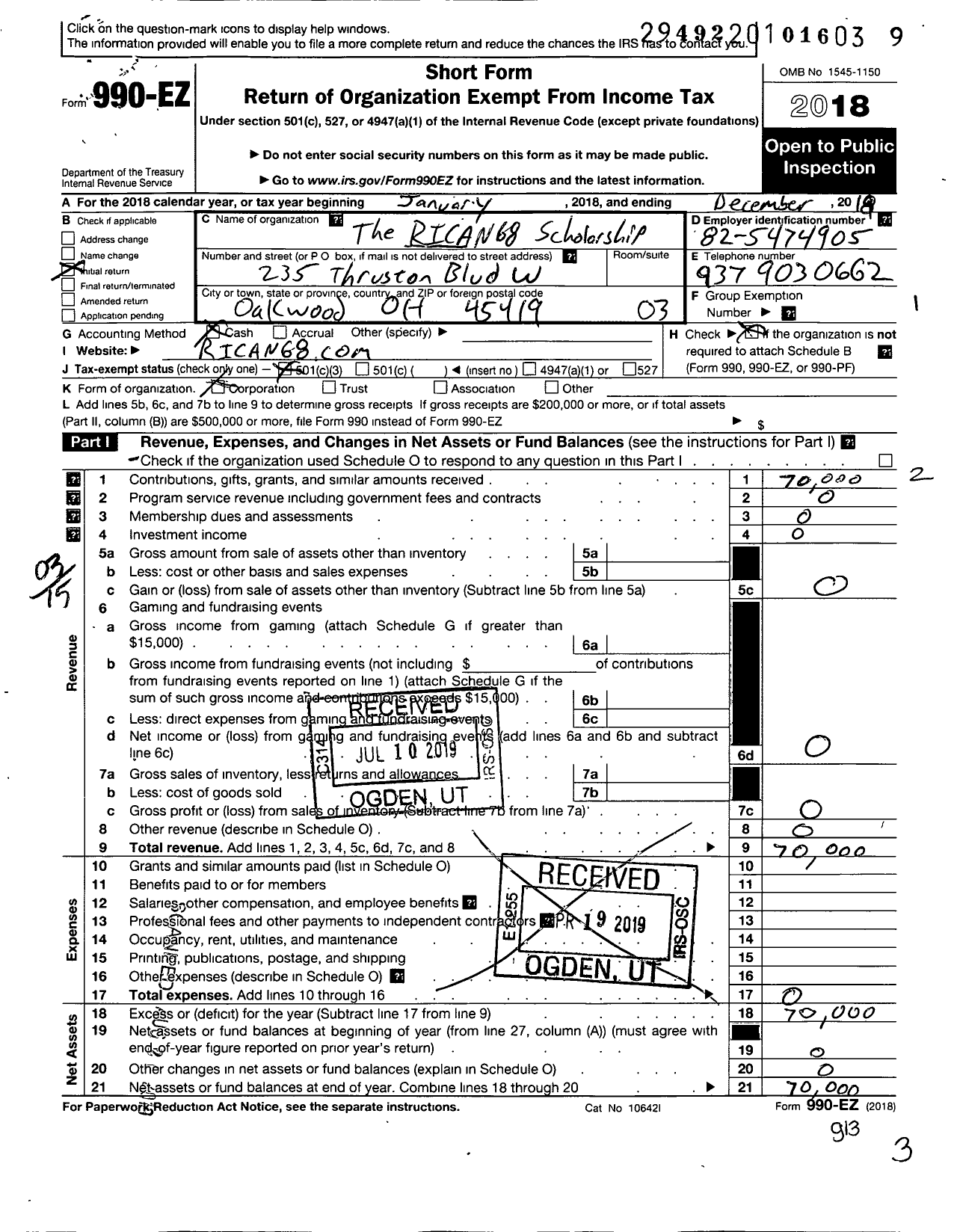 Image of first page of 2018 Form 990EZ for Rican68 Scholarship