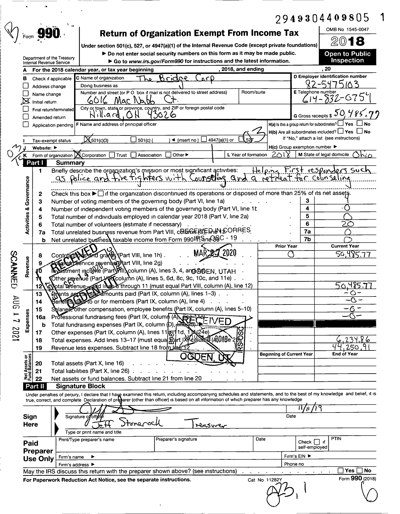 Image of first page of 2018 Form 990 for The Bridge Corp