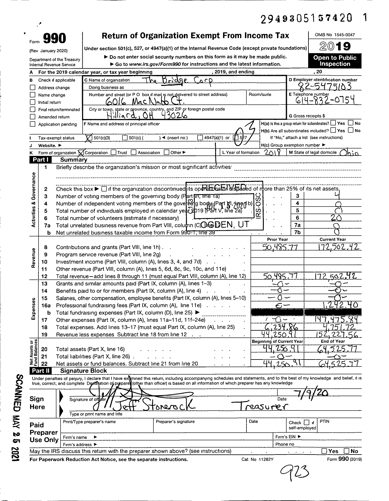 Image of first page of 2019 Form 990 for The Bridge Corp