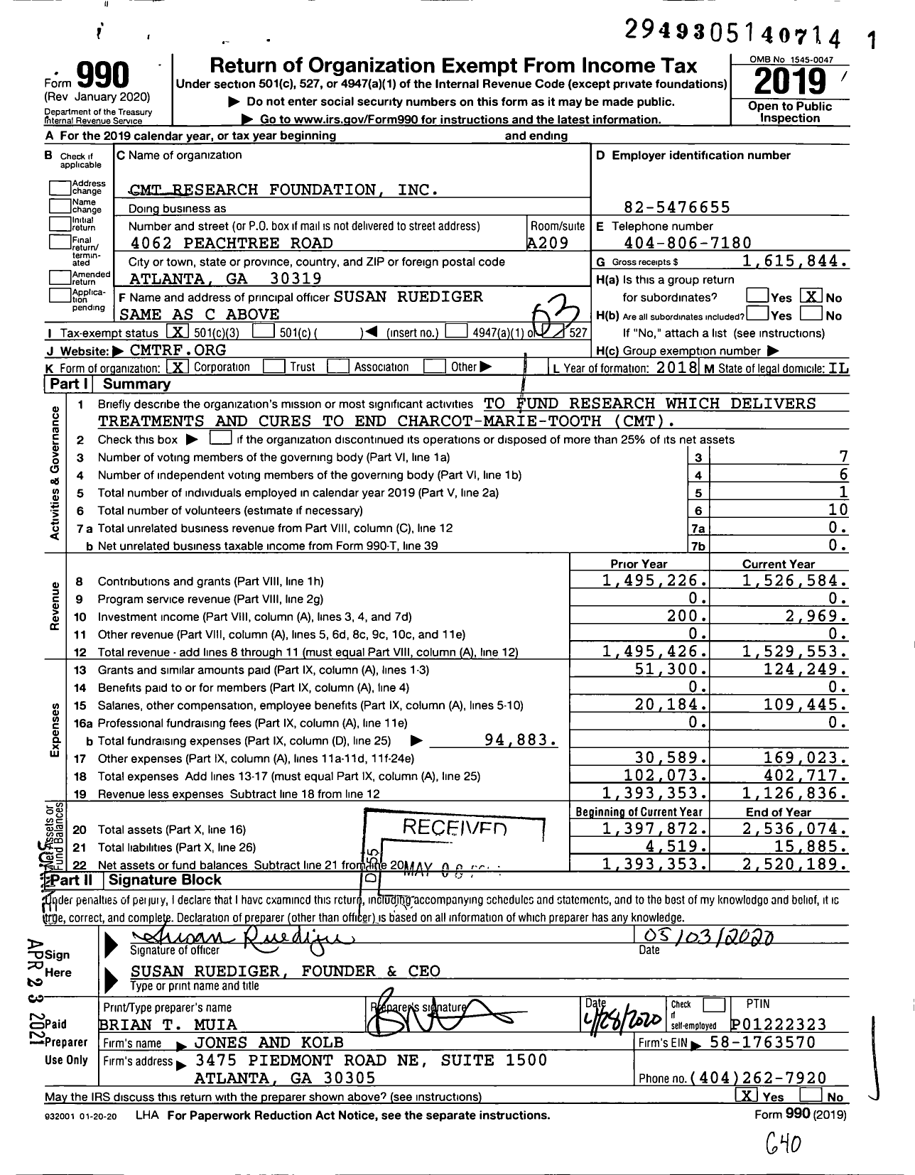Image of first page of 2019 Form 990 for CMT Research Foundation