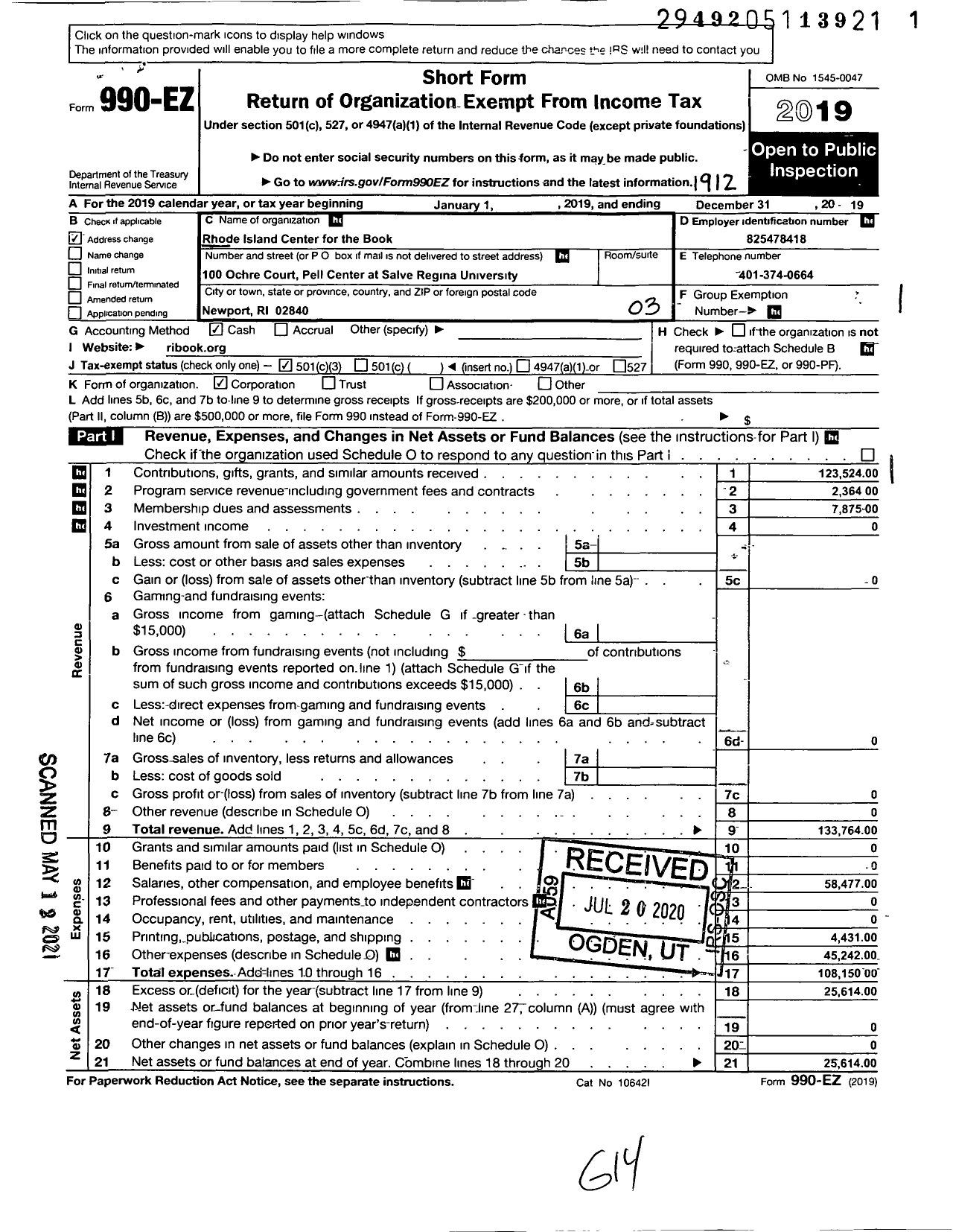 Image of first page of 2019 Form 990EZ for Rhode Island Center for the Book