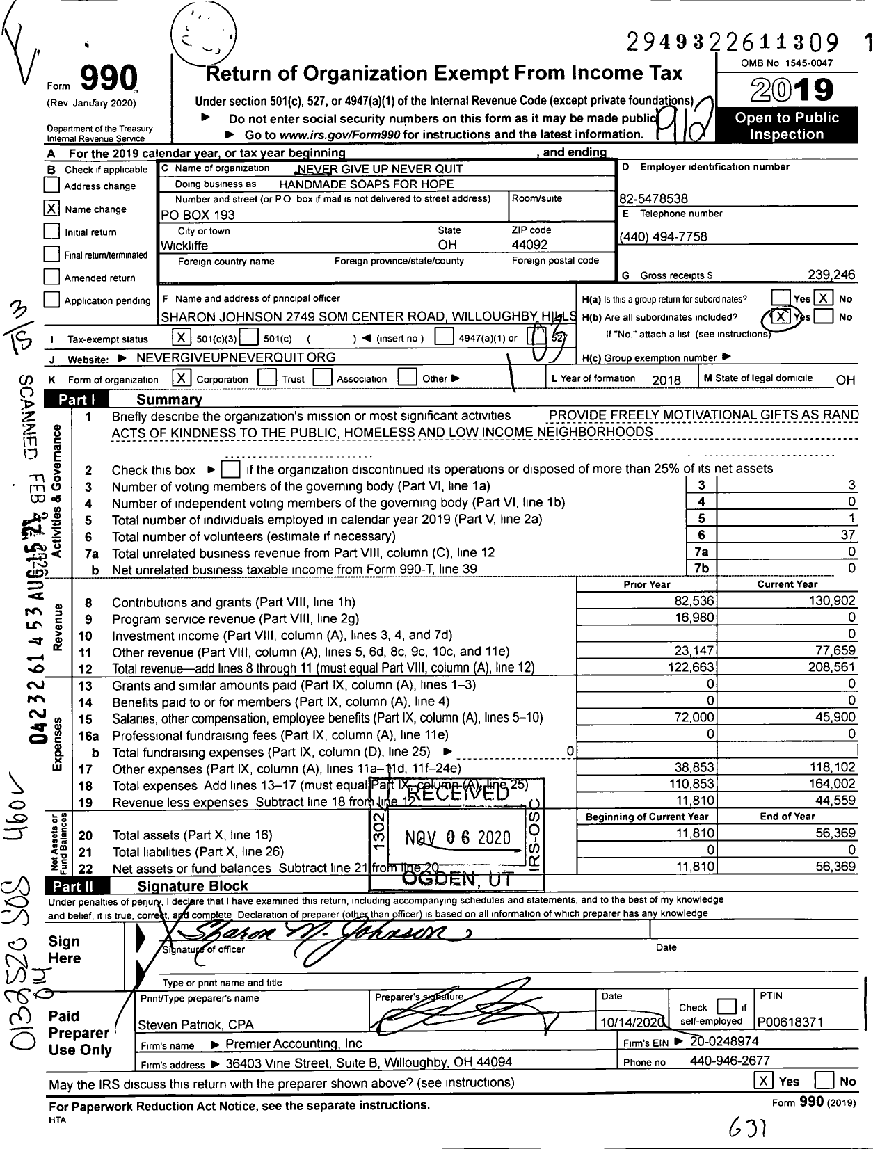 Image of first page of 2019 Form 990 for Handmade Soaps for Hope