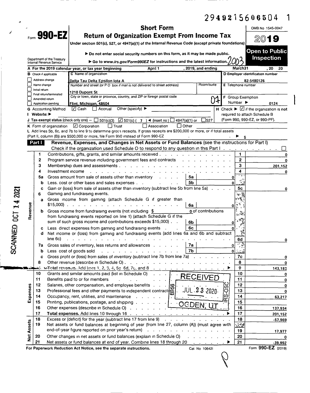 Image of first page of 2019 Form 990EO for Delta Tau Delta Fraternity - Epsilon Iota A Chapter