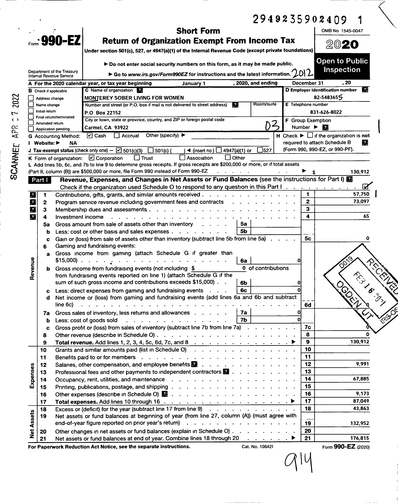Image of first page of 2020 Form 990EZ for Monterey Sober Living For Women
