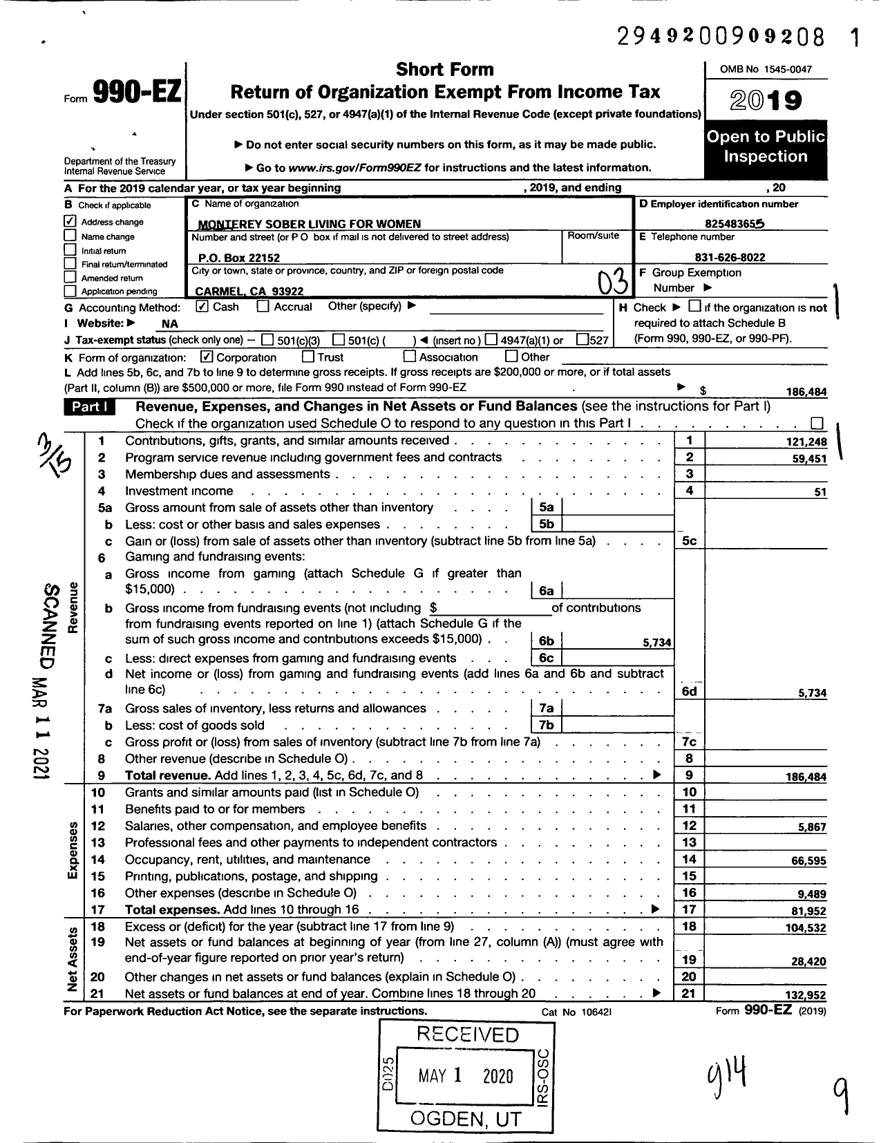 Image of first page of 2019 Form 990EZ for Monterey Sober Living For Women
