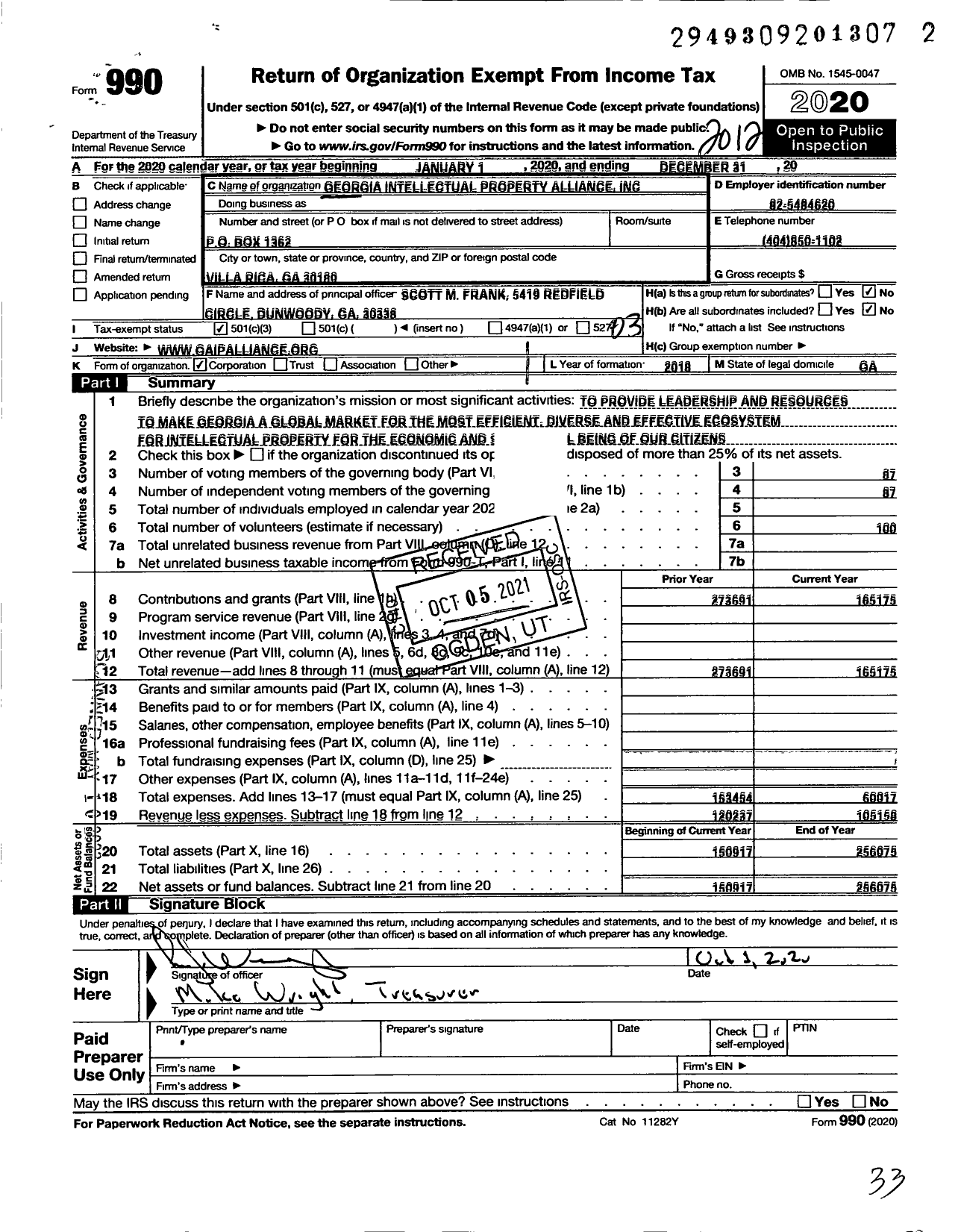 Image of first page of 2020 Form 990 for Georgia Intellectual Property Alliance