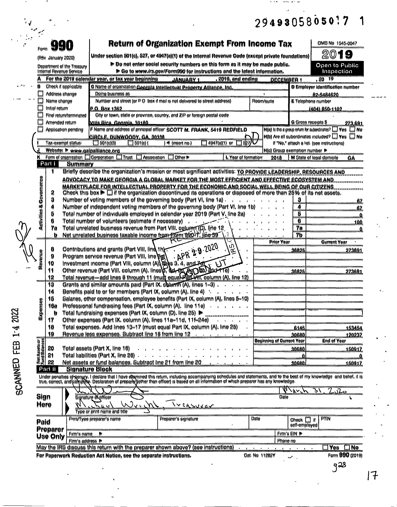 Image of first page of 2019 Form 990 for Georgia Intellectual Property Alliance