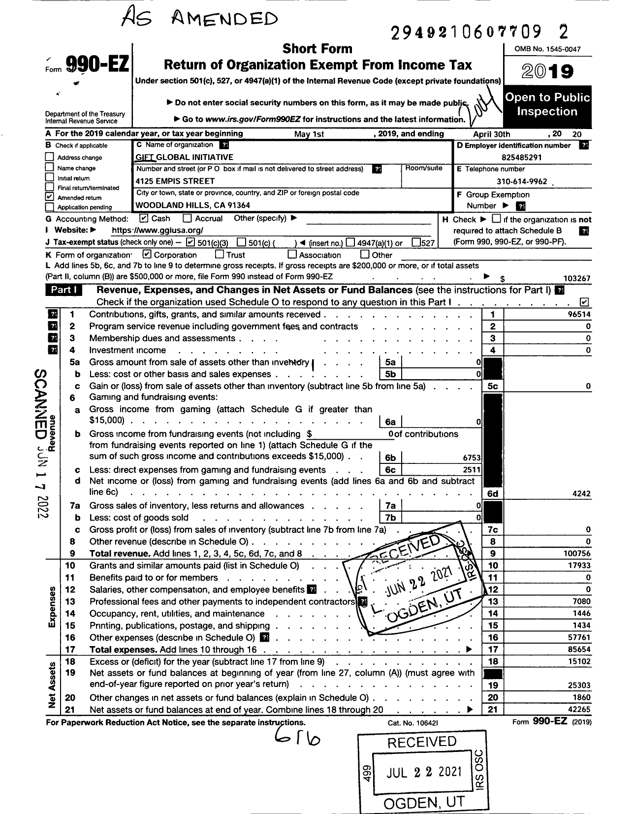 Image of first page of 2019 Form 990EZ for Gift Global Initiative