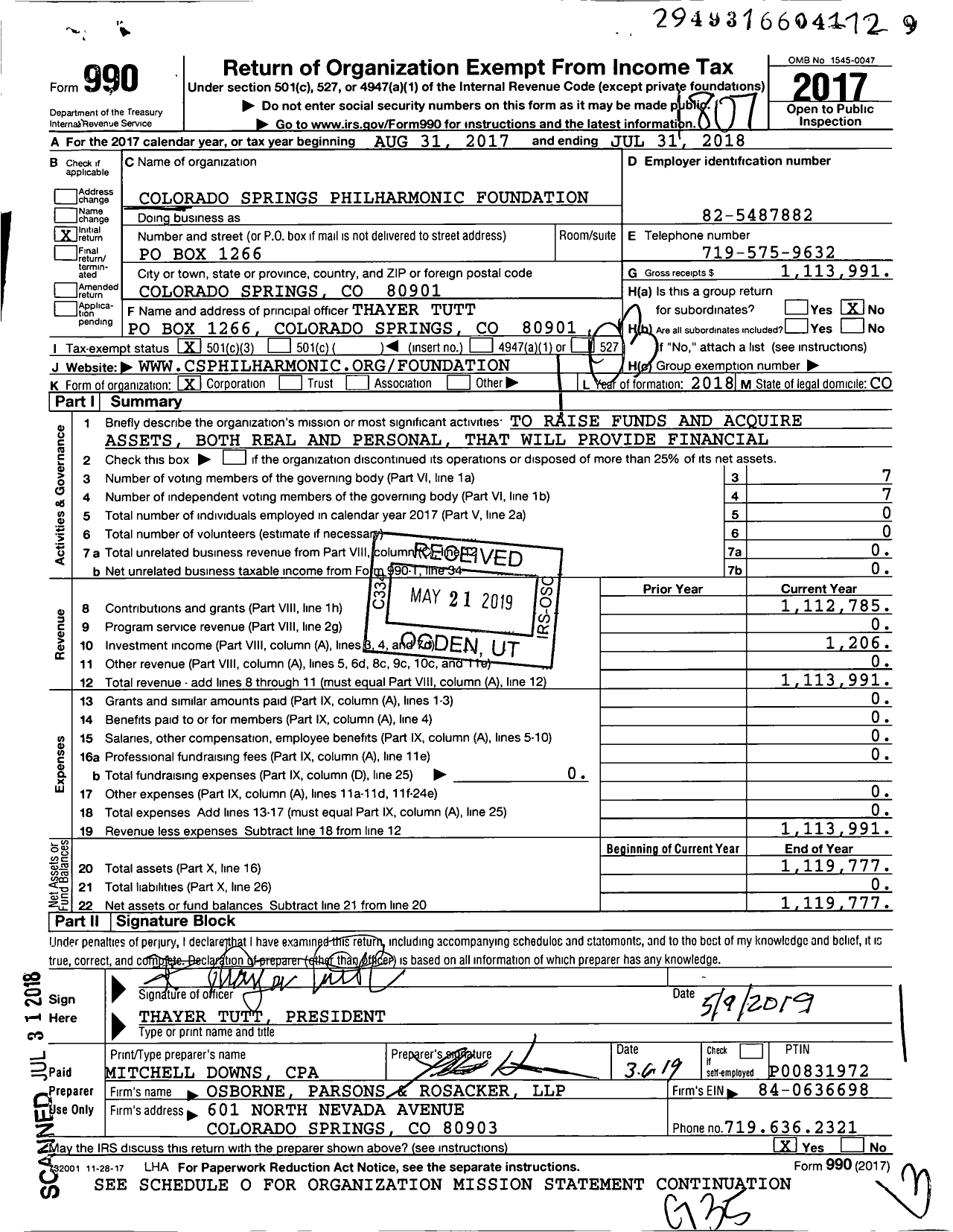 Image of first page of 2017 Form 990 for Colorado Springs Philharmonic Foundation