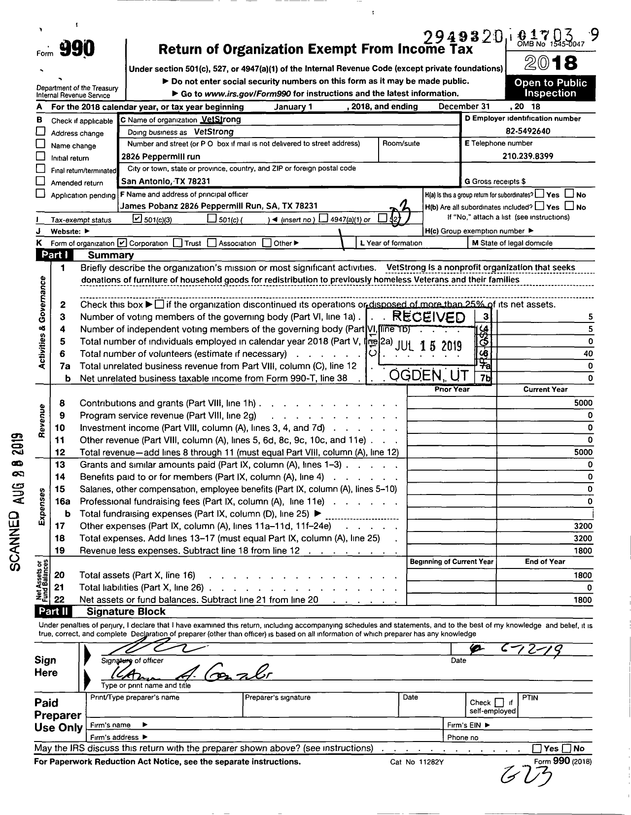 Image of first page of 2018 Form 990 for Vetstrong