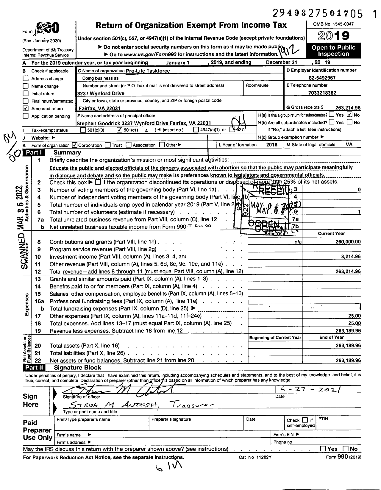 Image of first page of 2019 Form 990O for Pro-Life Taskforce