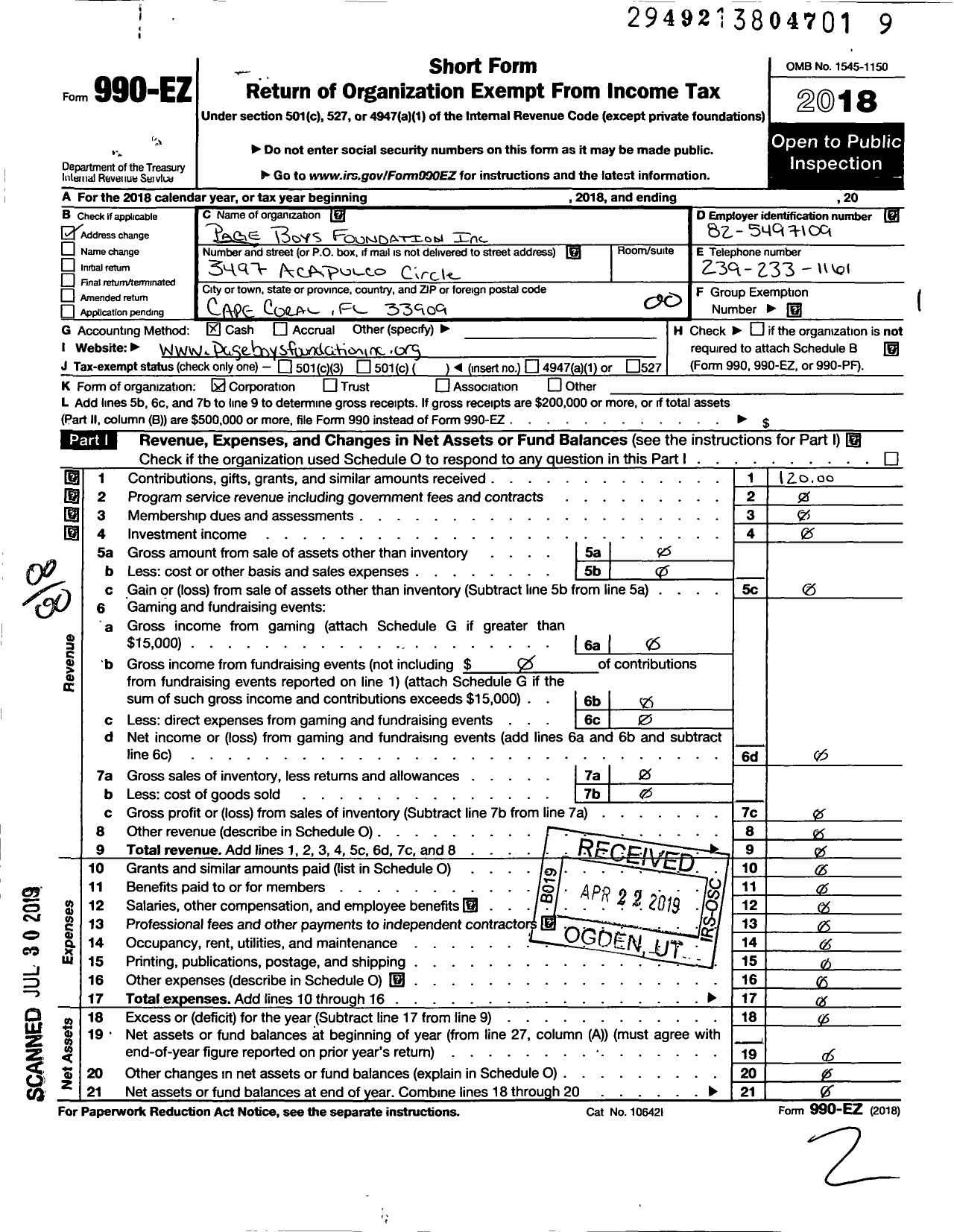 Image of first page of 2018 Form 990EO for Page Boys Foundation