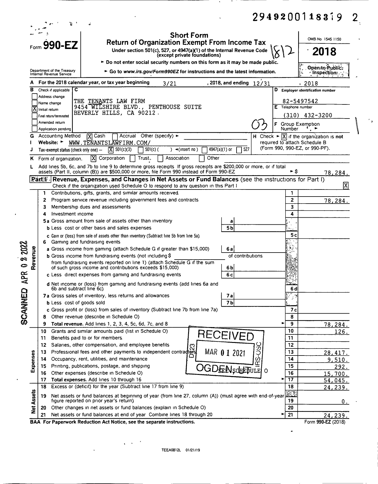 Image of first page of 2018 Form 990EZ for The Tenants Law Firm