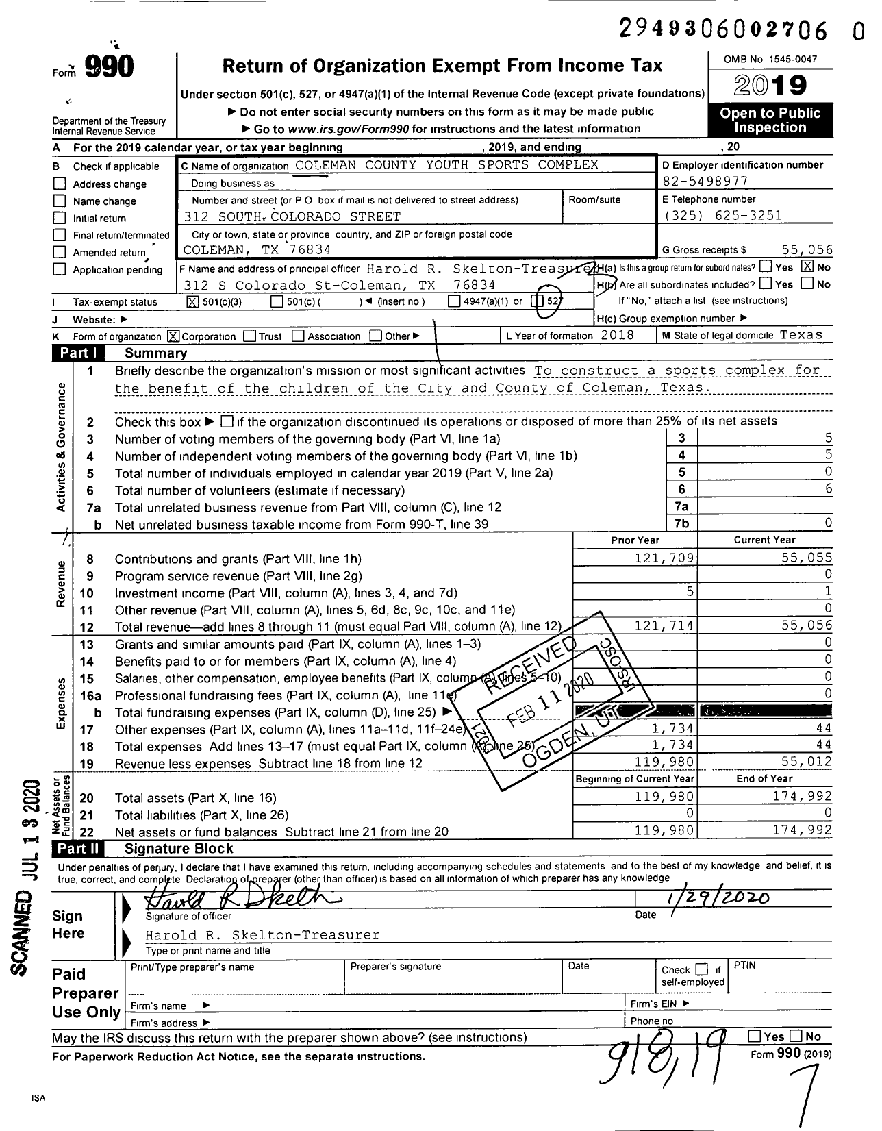 Image of first page of 2019 Form 990 for Coleman County Youth Sports Complex