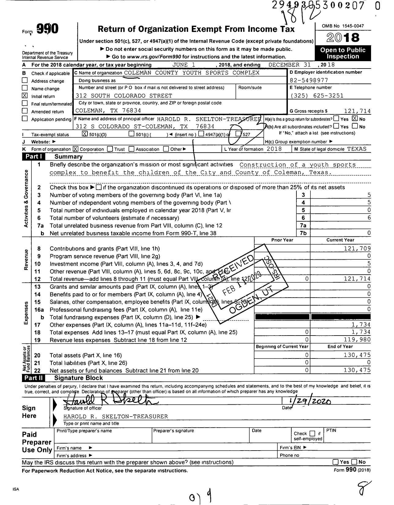 Image of first page of 2018 Form 990 for Coleman County Youth Sports Complex