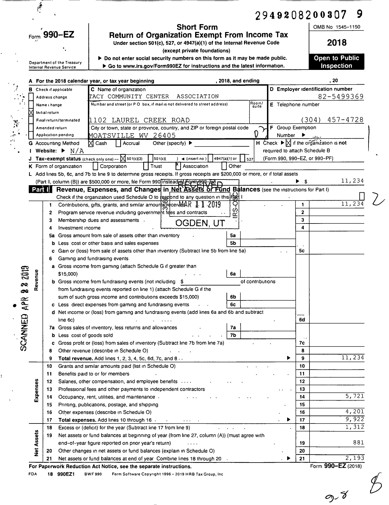 Image of first page of 2018 Form 990EZ for Tacy Community Center Association