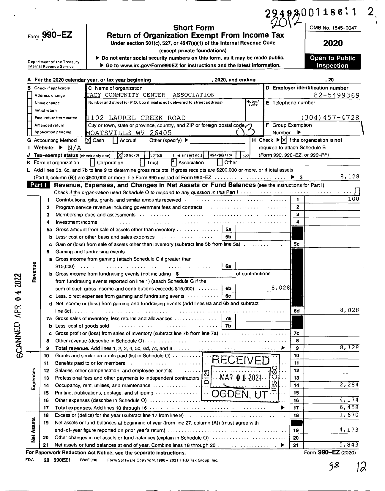 Image of first page of 2020 Form 990EZ for Tacy Community Center Association