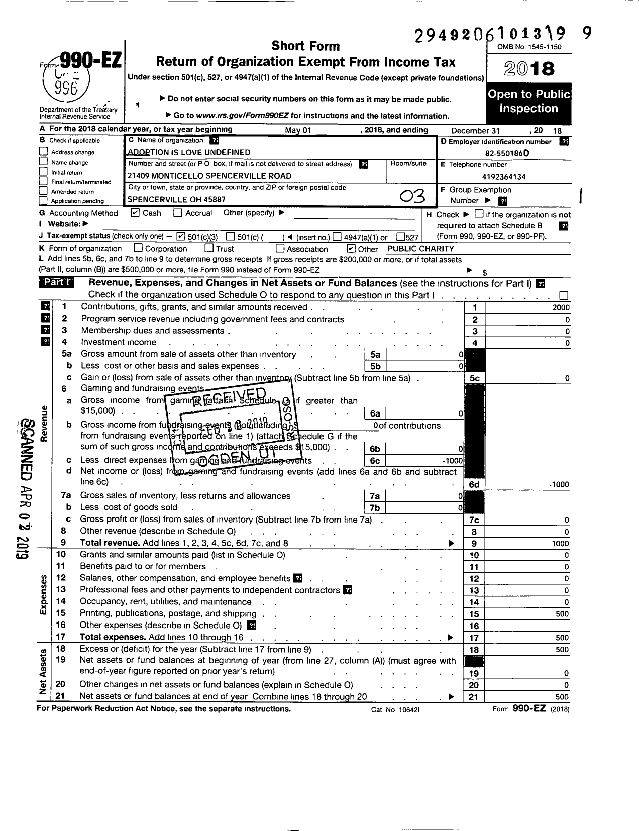 Image of first page of 2018 Form 990EZ for Adoption Is Love Undefined