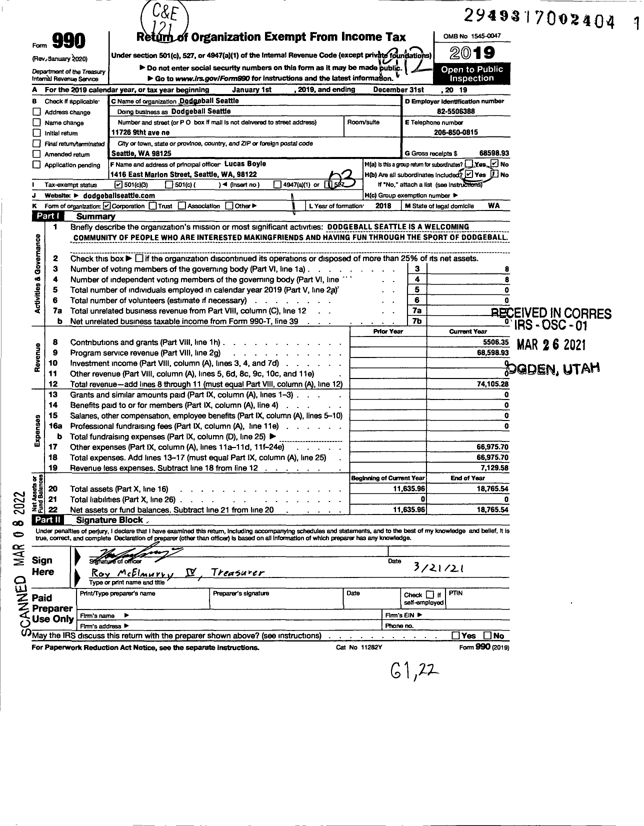 Image of first page of 2019 Form 990 for Dodgeball Seattle