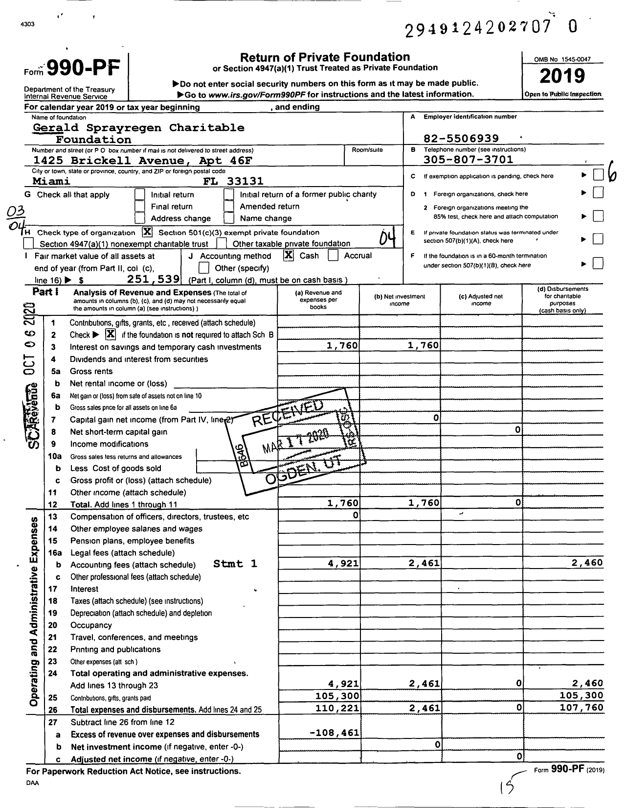 Image of first page of 2019 Form 990PR for Gerald Sprayregen Charitable Foundation