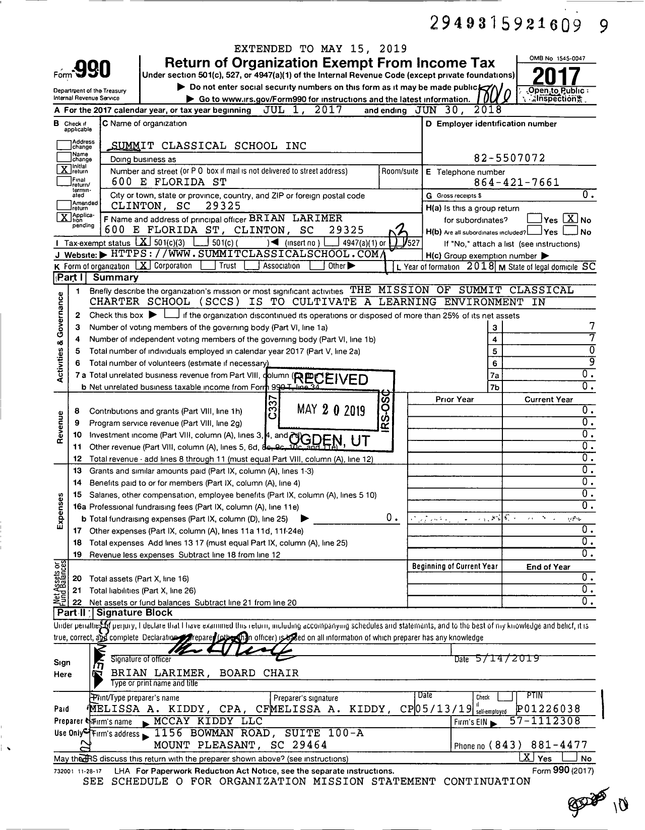 Image of first page of 2017 Form 990 for Summit Classical Charter School