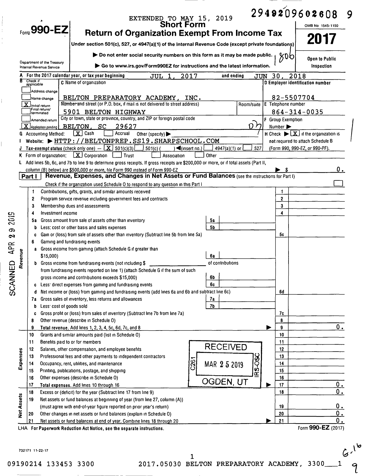 Image of first page of 2017 Form 990EZ for Belton Preparatory Academy
