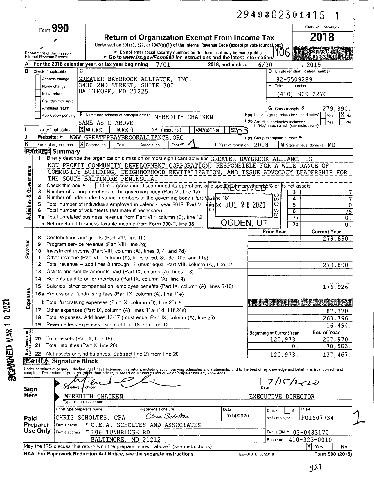 Image of first page of 2018 Form 990 for Greater Baybrook Alliance