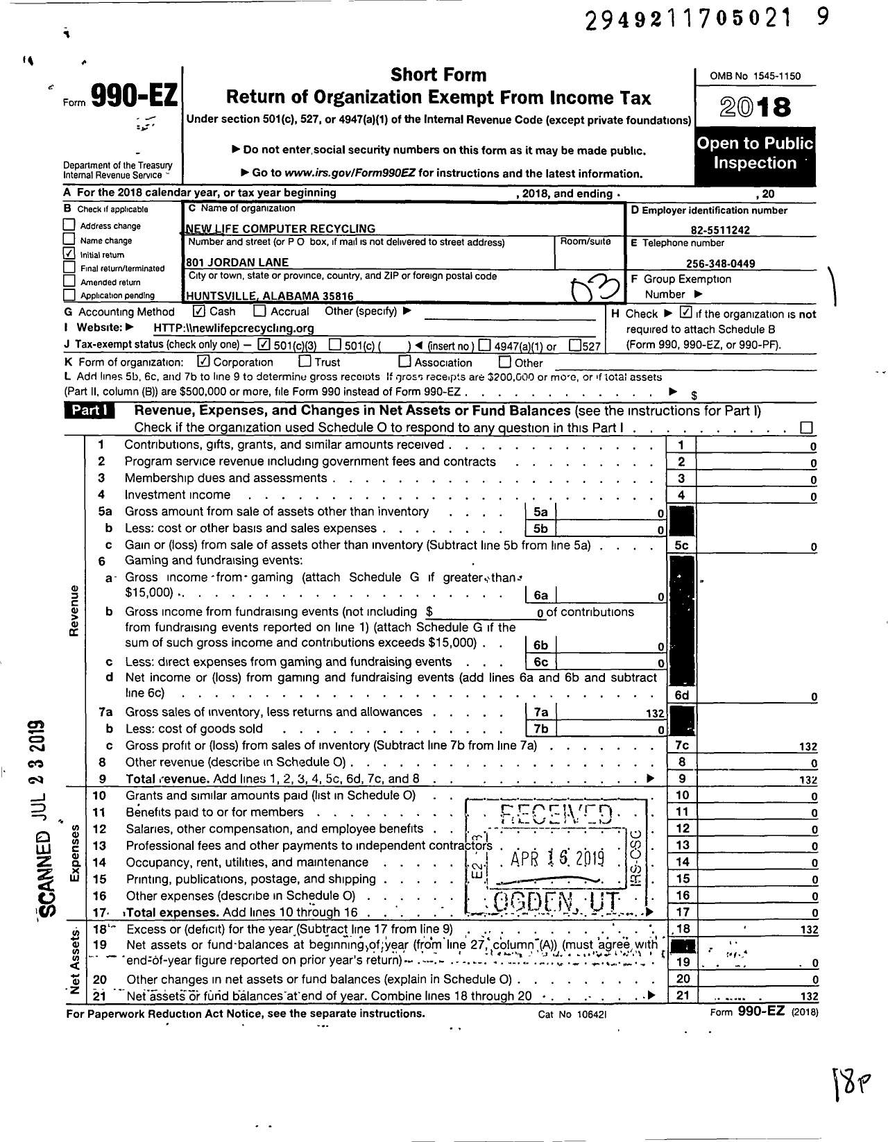 Image of first page of 2018 Form 990EZ for New Life Computer Recycling