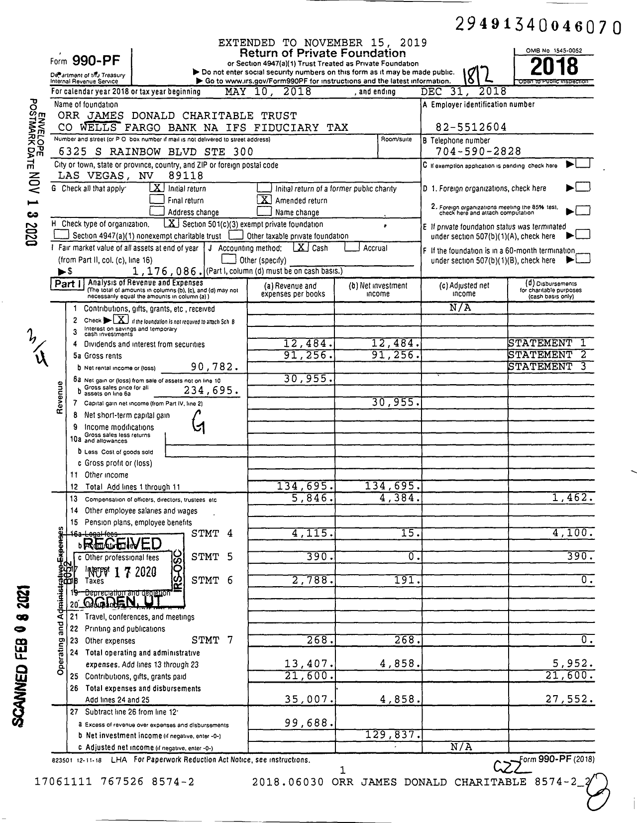 Image of first page of 2018 Form 990PF for Orr James Donald Charitable Trust