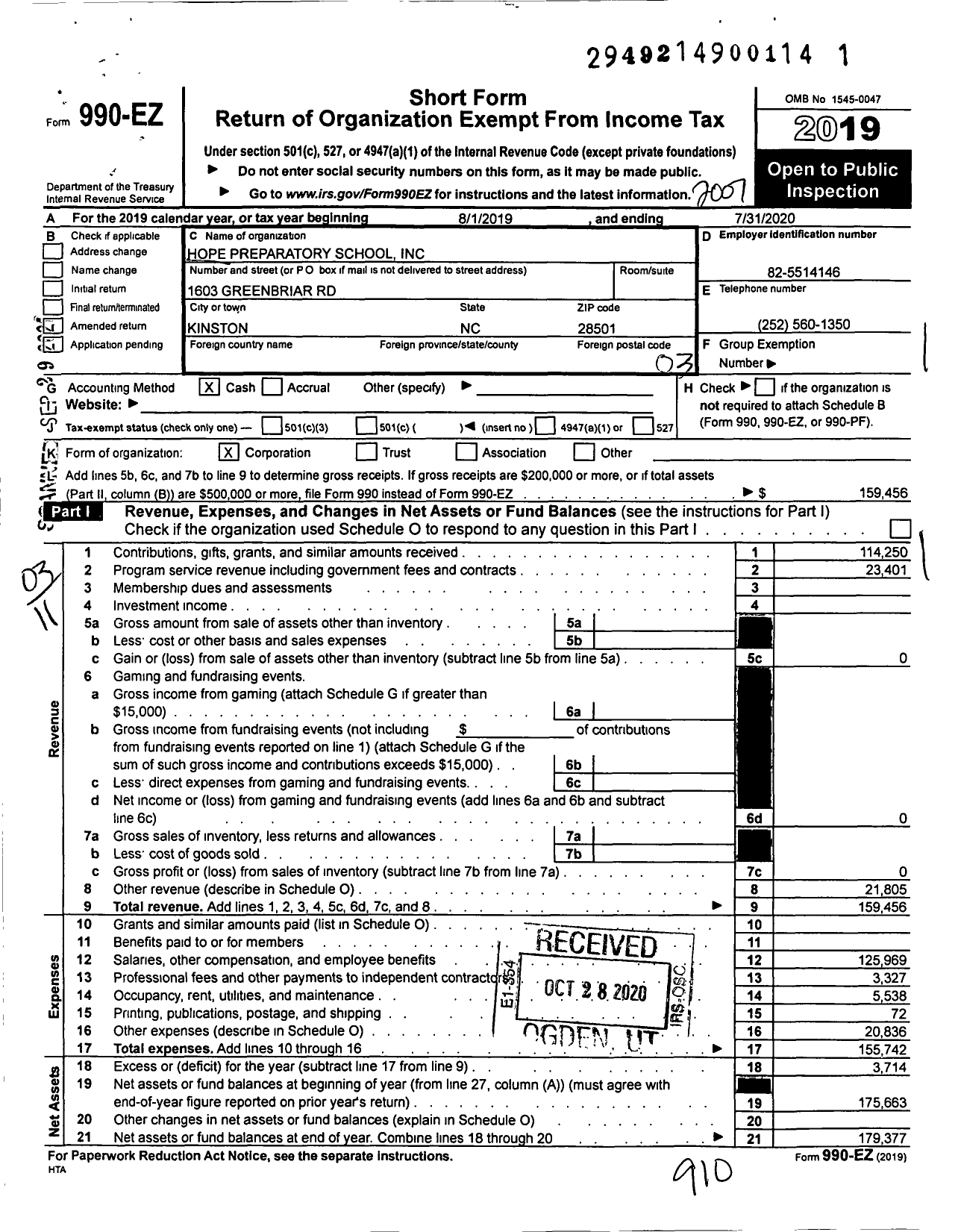 Image of first page of 2019 Form 990EZ for Hope Preparatory School