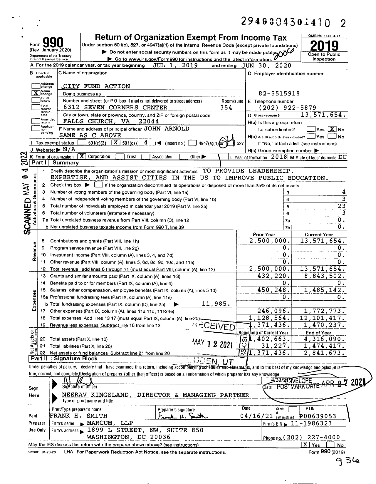 Image of first page of 2019 Form 990O for City Fund Action