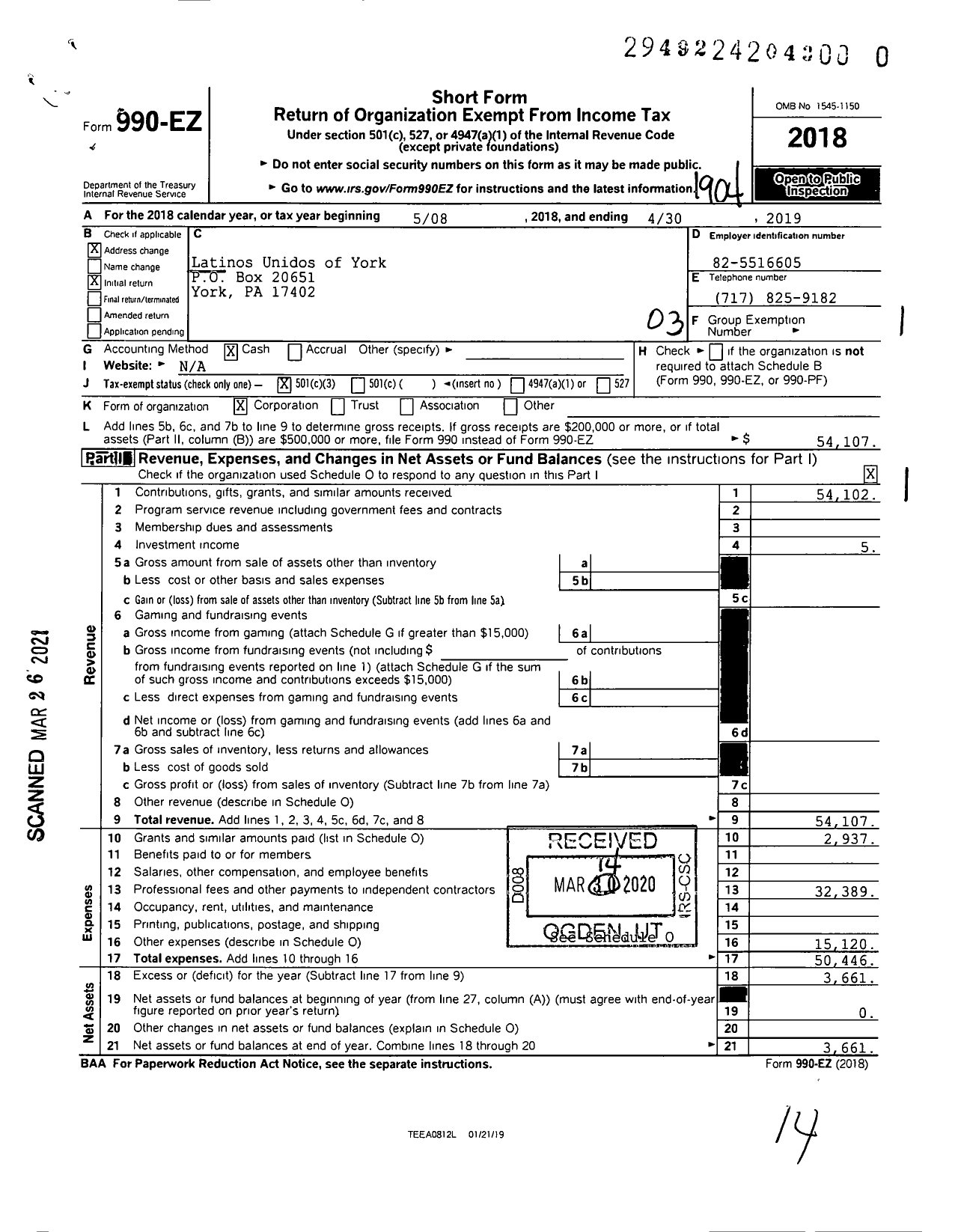 Image of first page of 2018 Form 990EZ for Latinos Unidos of York