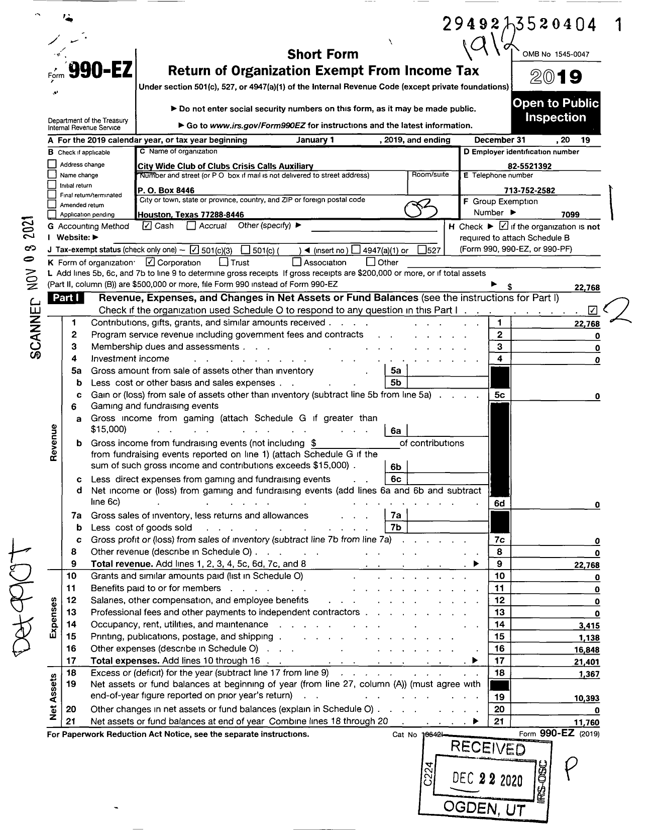 Image of first page of 2019 Form 990EZ for City Wide Club of Clubs Crisis Calls Auxiliary