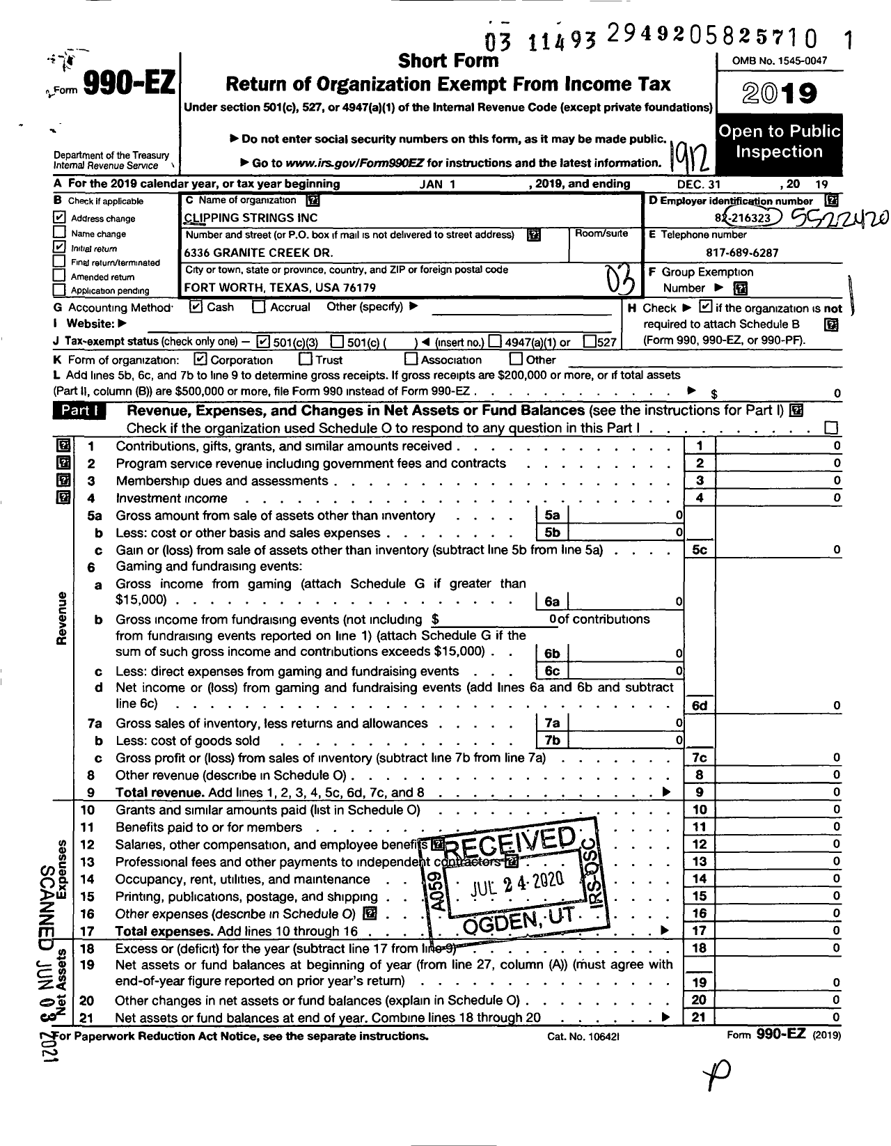 Image of first page of 2019 Form 990EZ for Clipping Strings