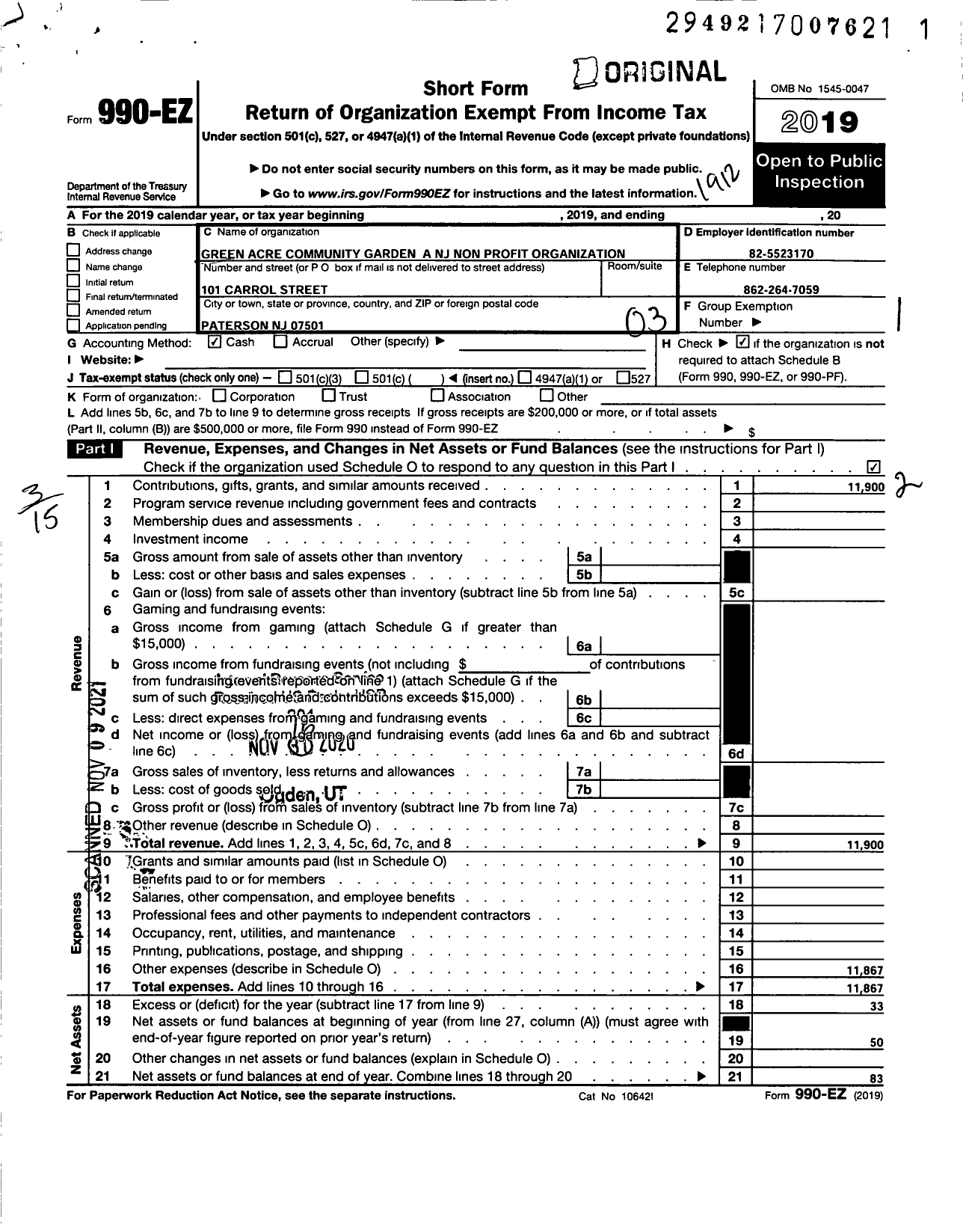 Image of first page of 2019 Form 990EZ for Green Acre Community Garden A NJ Nonprofit Corporation