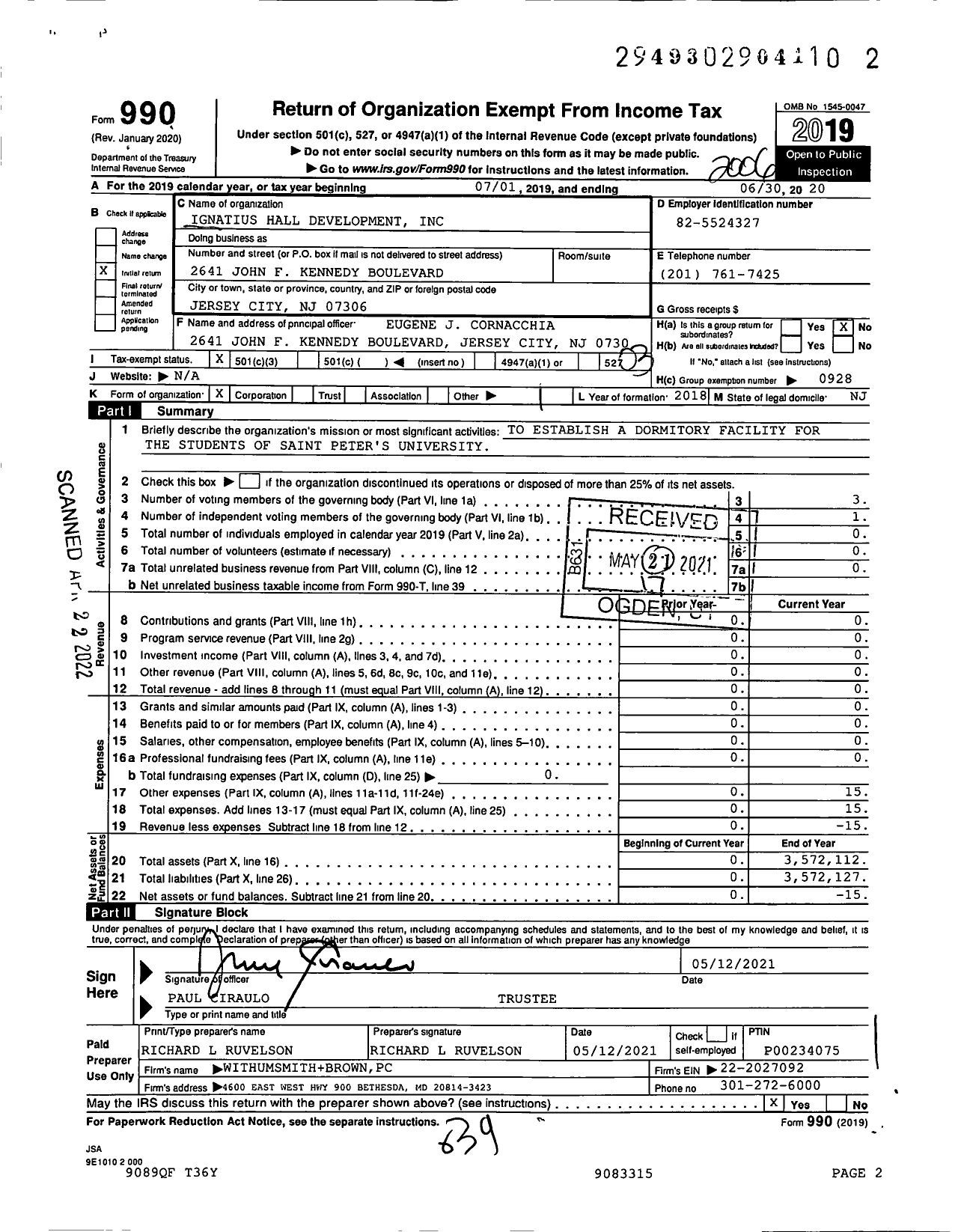 Image of first page of 2019 Form 990 for Ignatius Hall Development