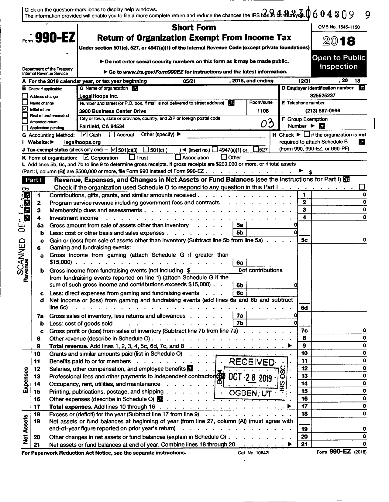 Image of first page of 2018 Form 990EZ for LegalHoops