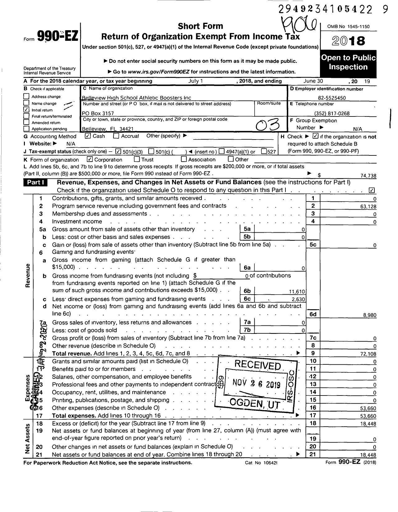 Image of first page of 2018 Form 990EZ for Belleview High School Athletic Boosters