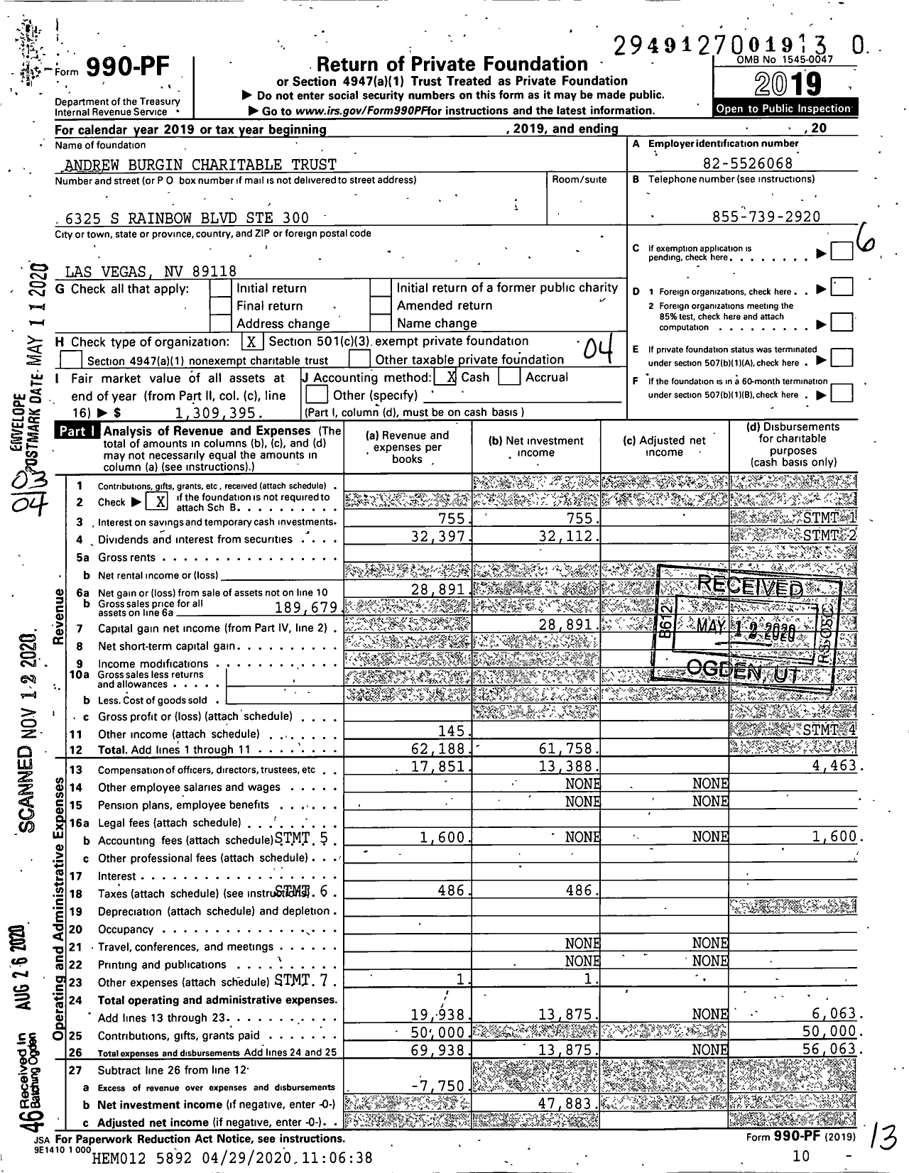 Image of first page of 2019 Form 990PF for Andrew Burgin Charitable Trust