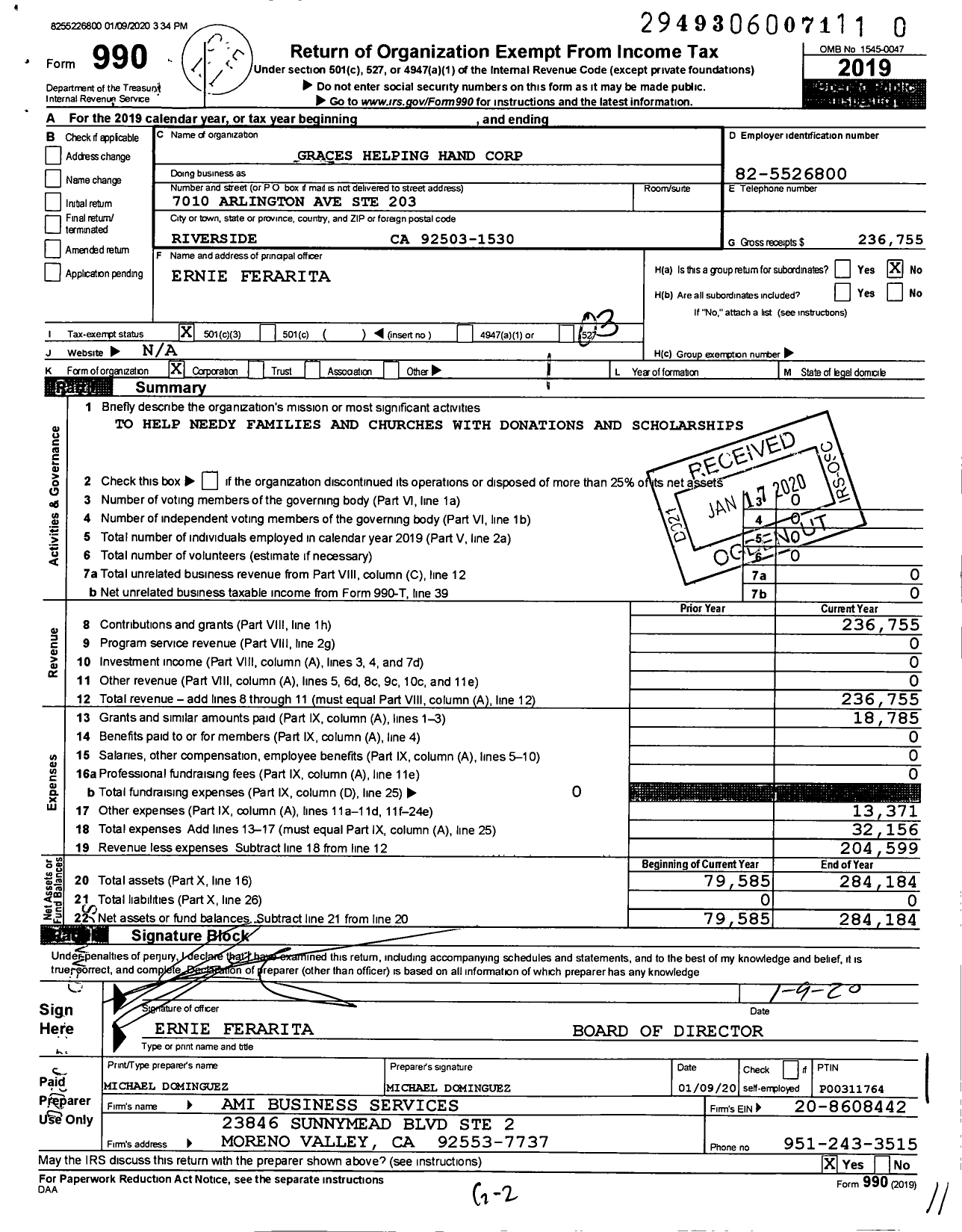 Image of first page of 2019 Form 990 for Graces Helping Hand Corporation