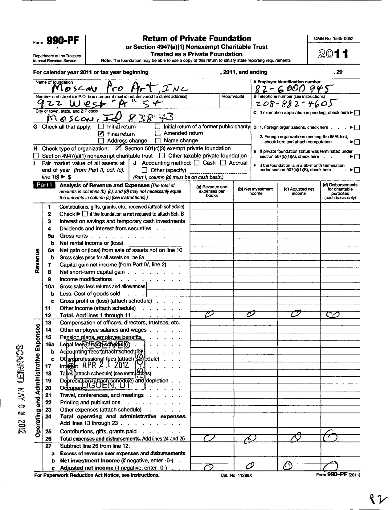 Image of first page of 2011 Form 990PF for Regents of the University of Idaho