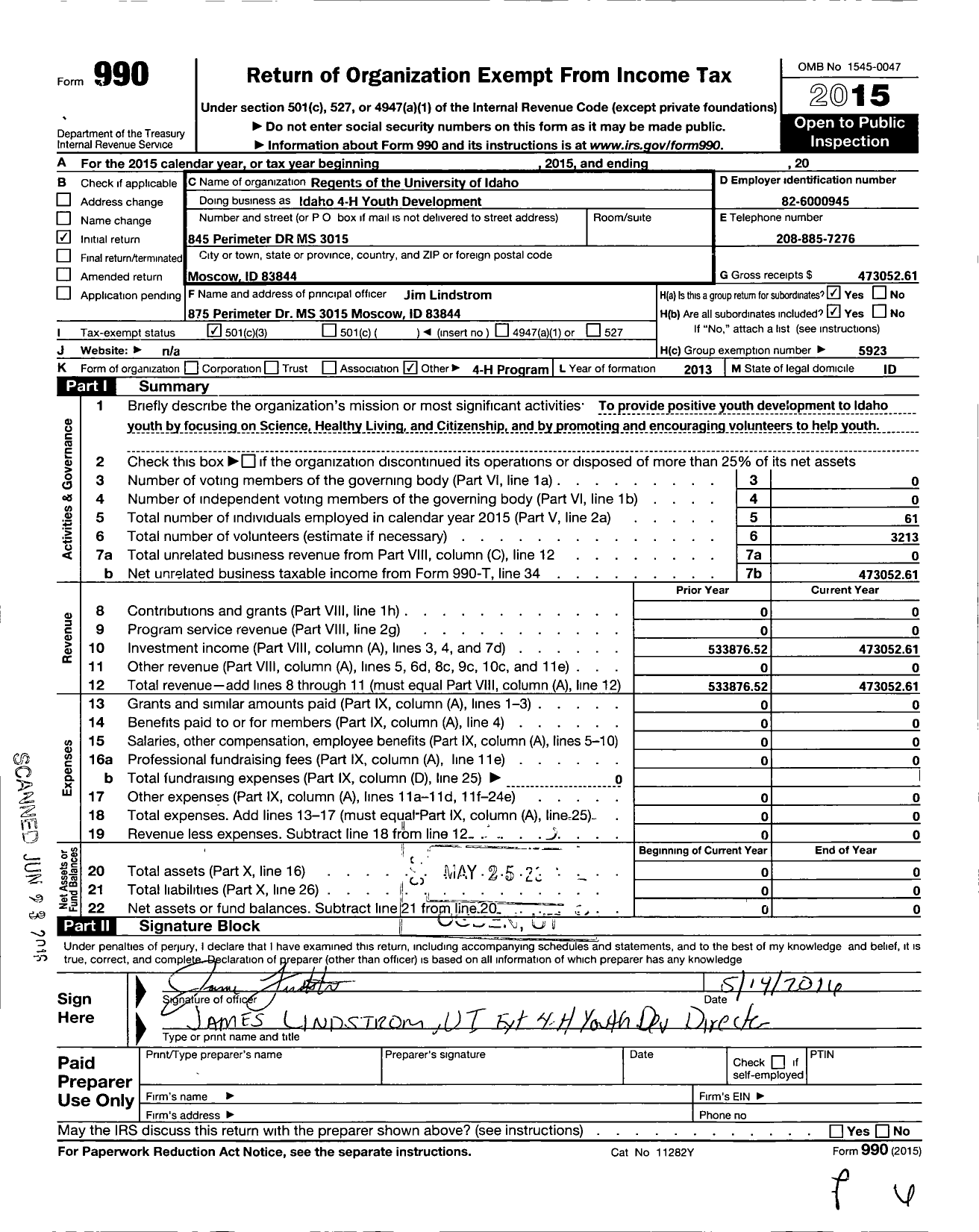 Image of first page of 2015 Form 990 for Regents of the University of Idaho